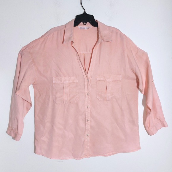 Zara Basic Oversized Peach Tencel Button Down Shirt Women XL Roll Tab Sleeves - Picture 3 of 10